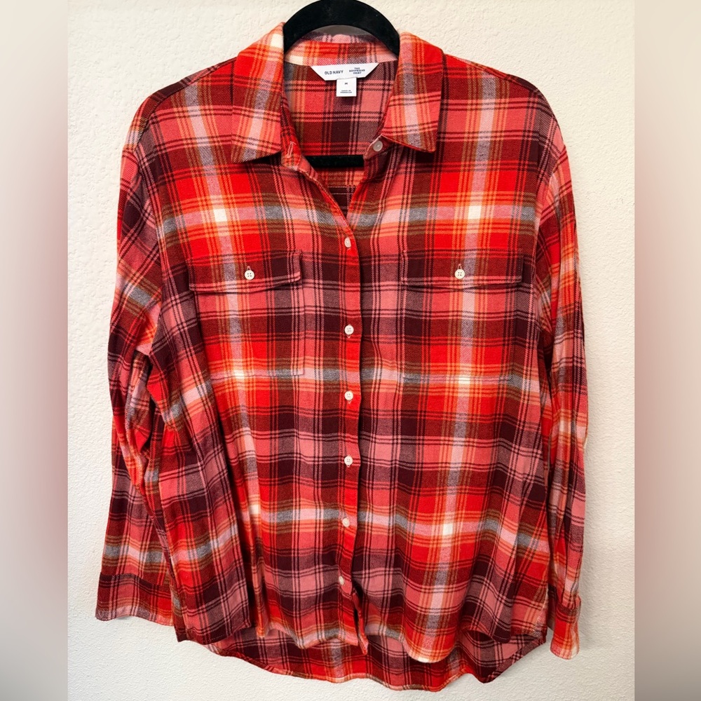 Old Navy Red and Pink Plaid Boyfriend Shirt